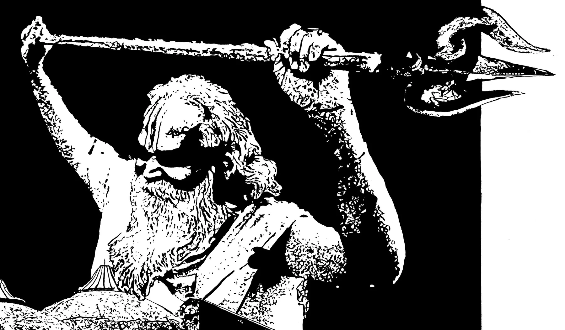 High-resolution detail of the ascetic holding a trident in Ayodhya