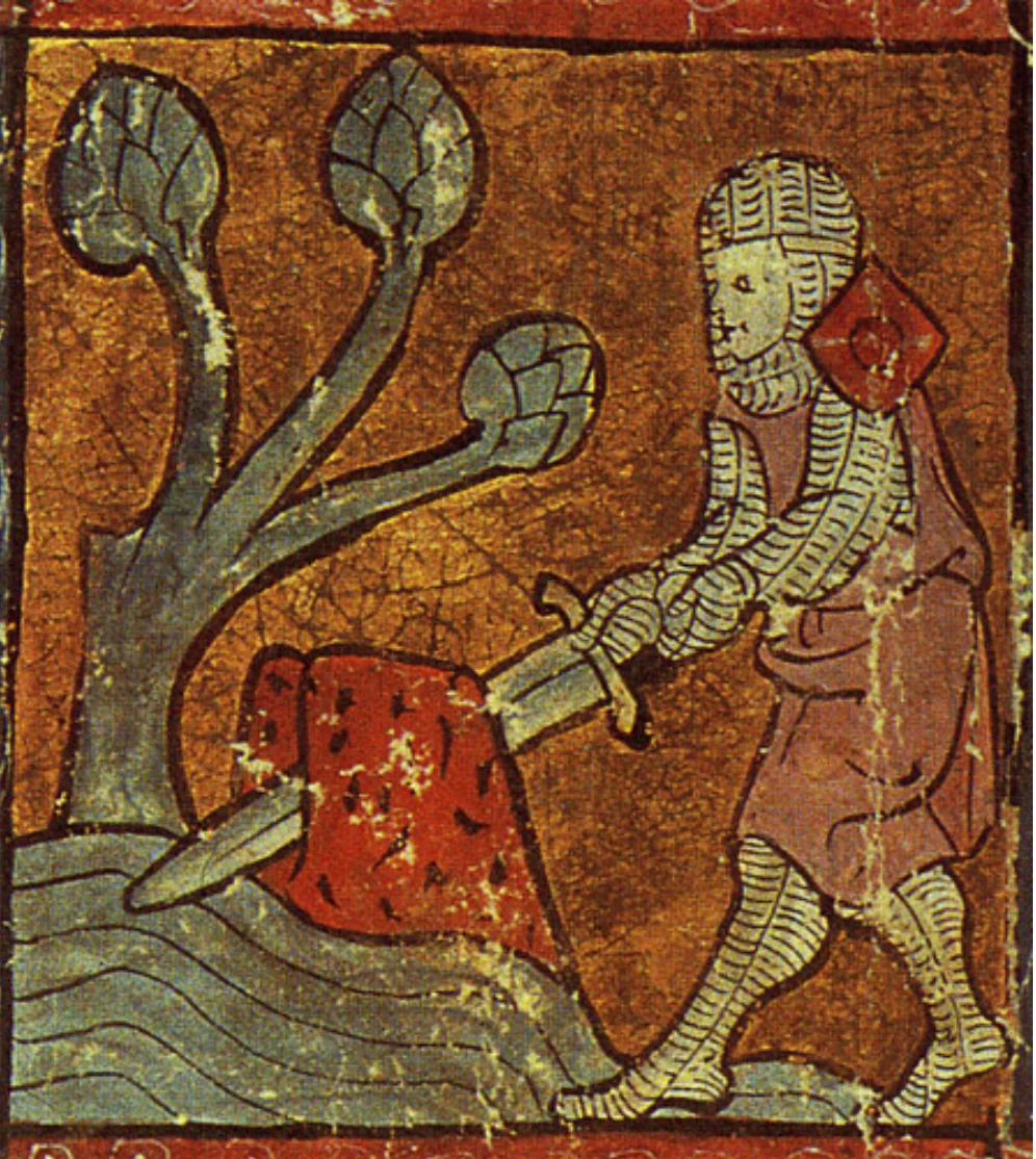 Medieval depiction of Arthur drawing the sword from the stone