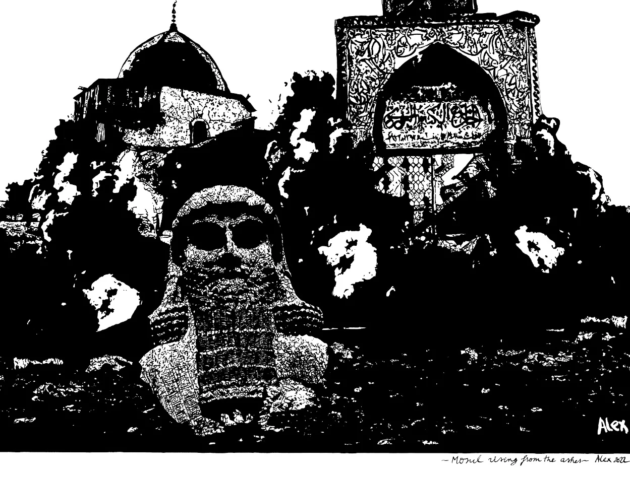 Detail of the Assyrian figure rising from the ruins in Mosul Will Rise Again