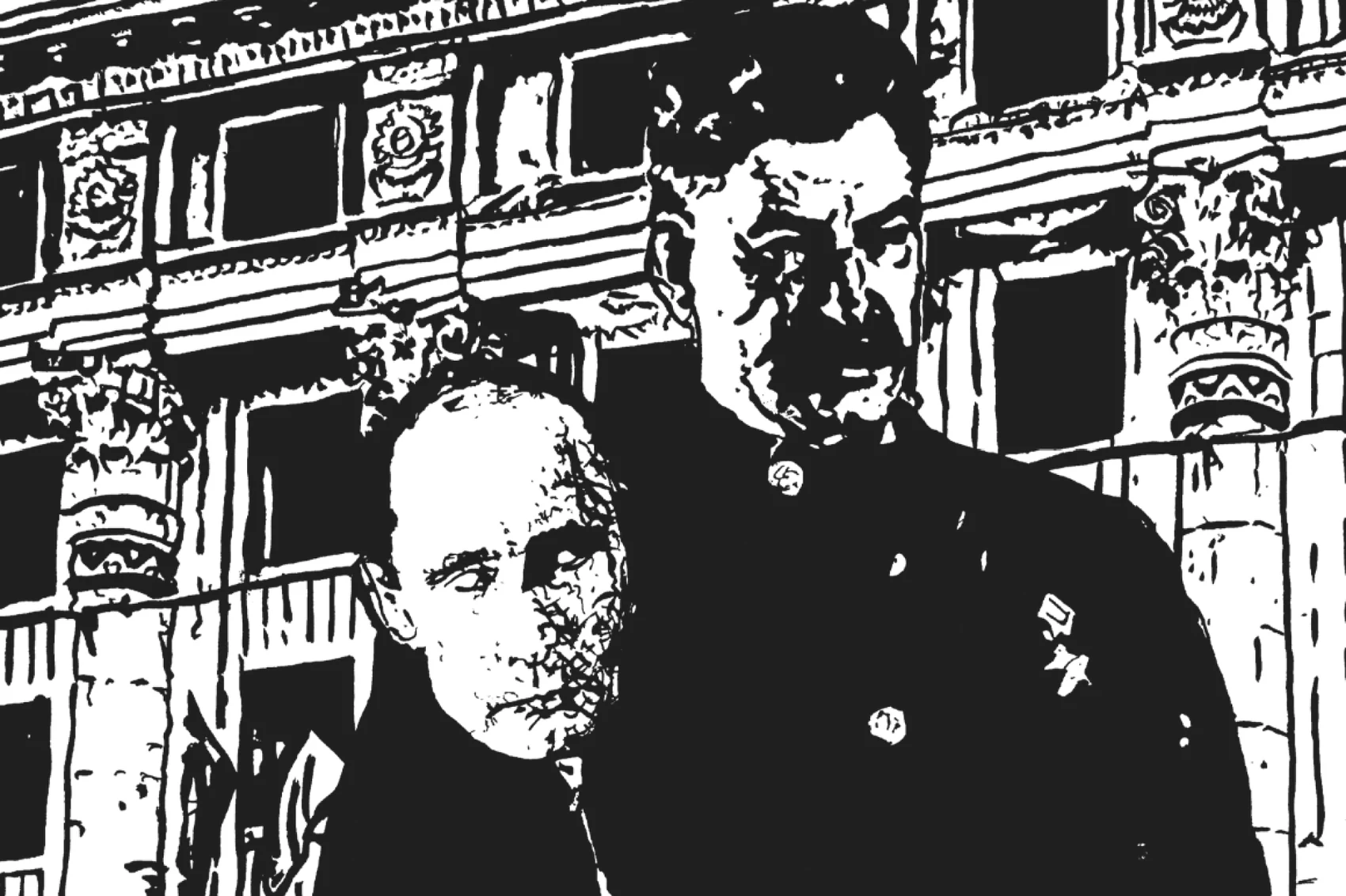 Close detail of the two superimposed political figures in The Fractured Mask