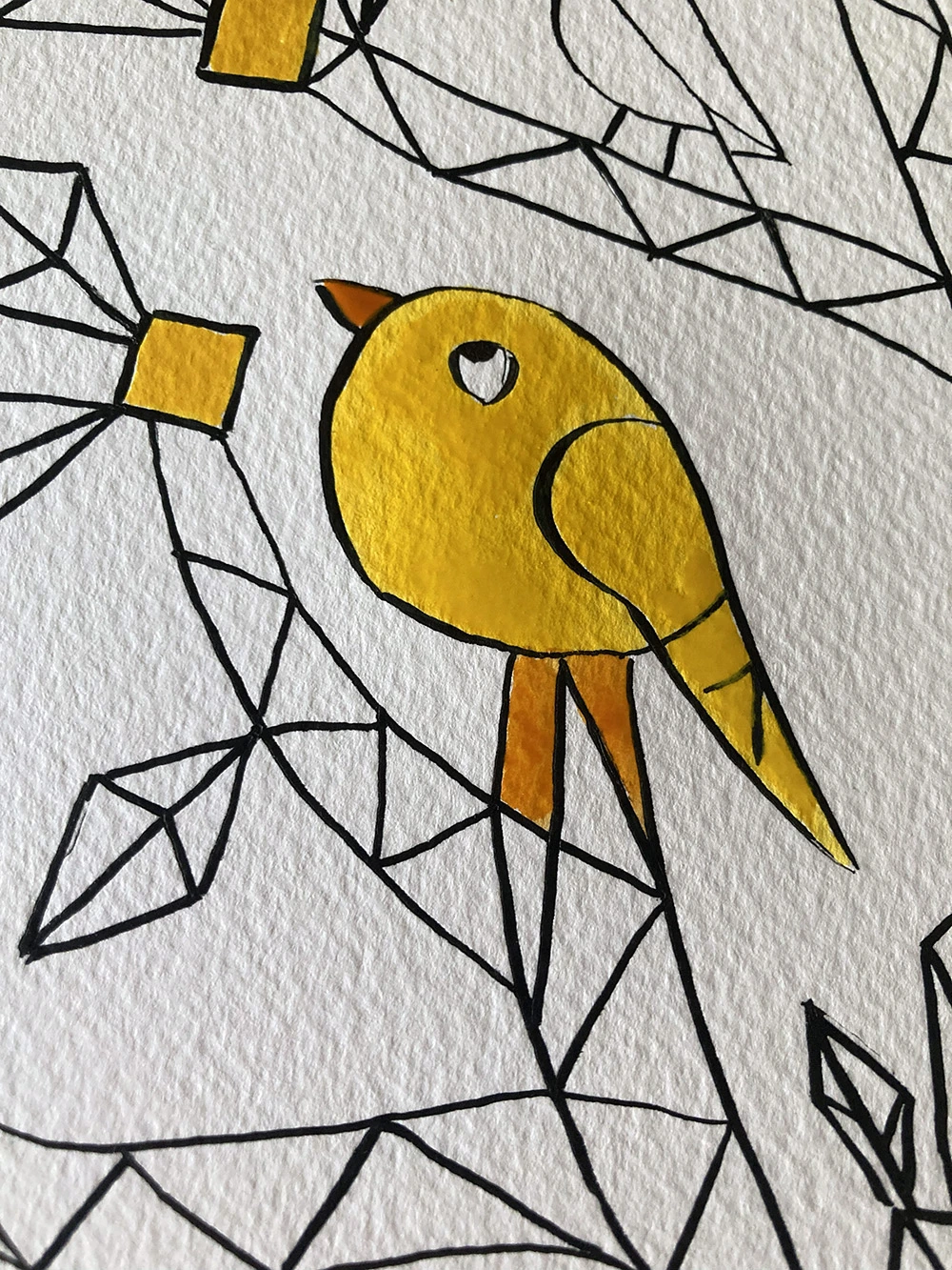 Yellow bird perched among geometric branches in Tree of Life