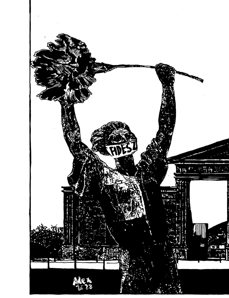 Detail of the blindfolded Liberty Statue holding a carnation